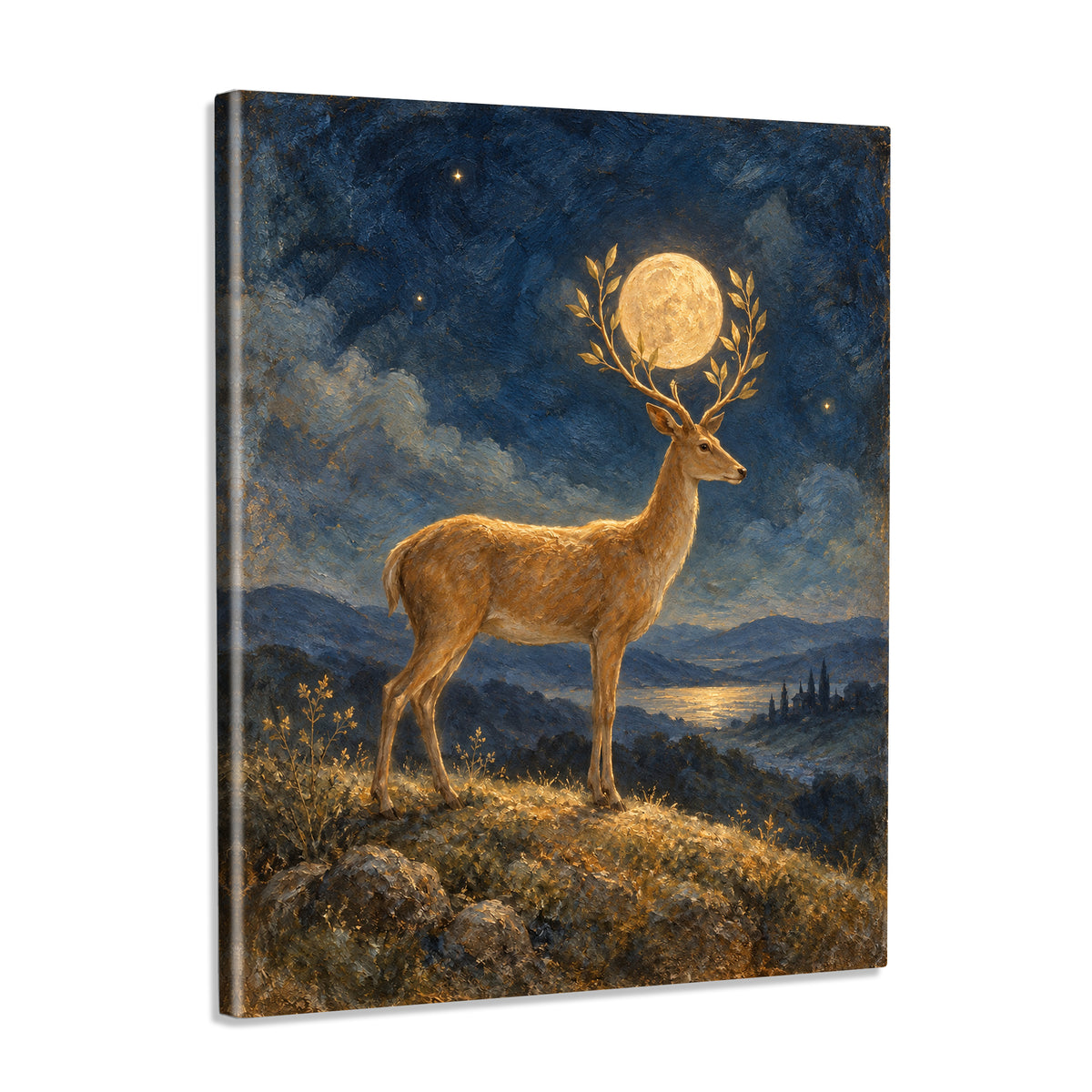 INVIN ART Framed Canvas 100% Handpainted Oil Painting Golden Deer Holding the Moon Wall Art