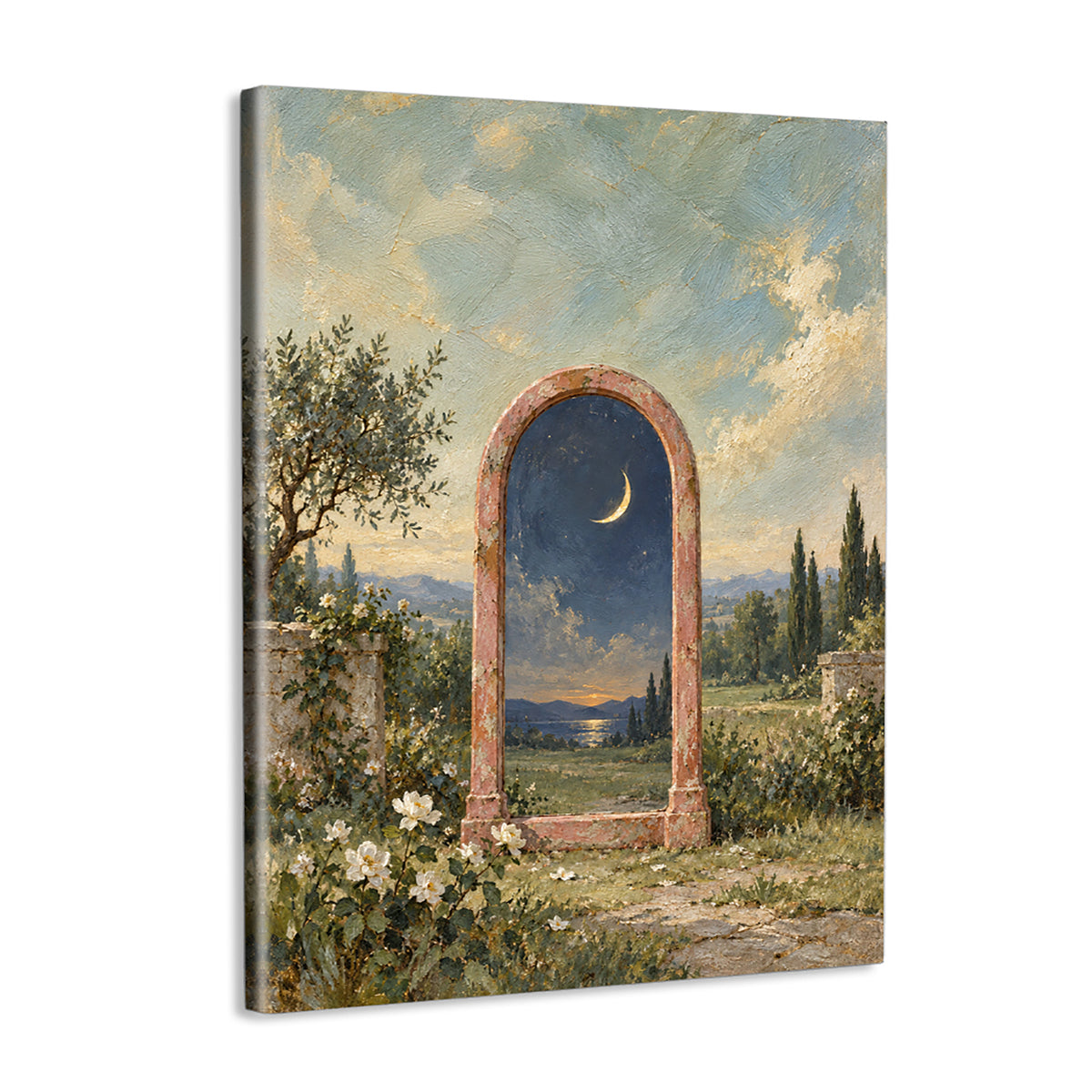 INVIN ART Framed Canvas 100% Handpainted Oil Painting Moonlit Mirror in the Garden Wall Art