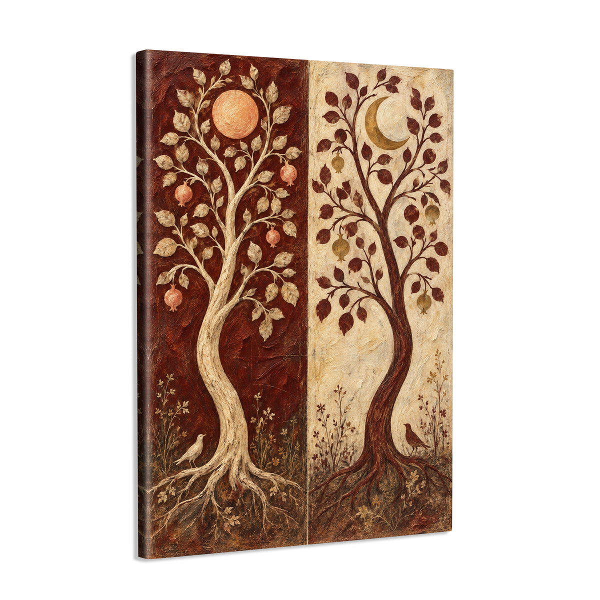 INVIN ART Framed Canvas 100% Handpainted Oil Painting Twin Trees in Burgundy and Ivory Wall Art