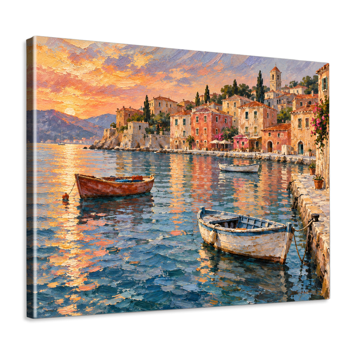 INVIN ART Framed Canvas 100% Handpainted Oil Painting Boats in the Evening Harbor Wall Art