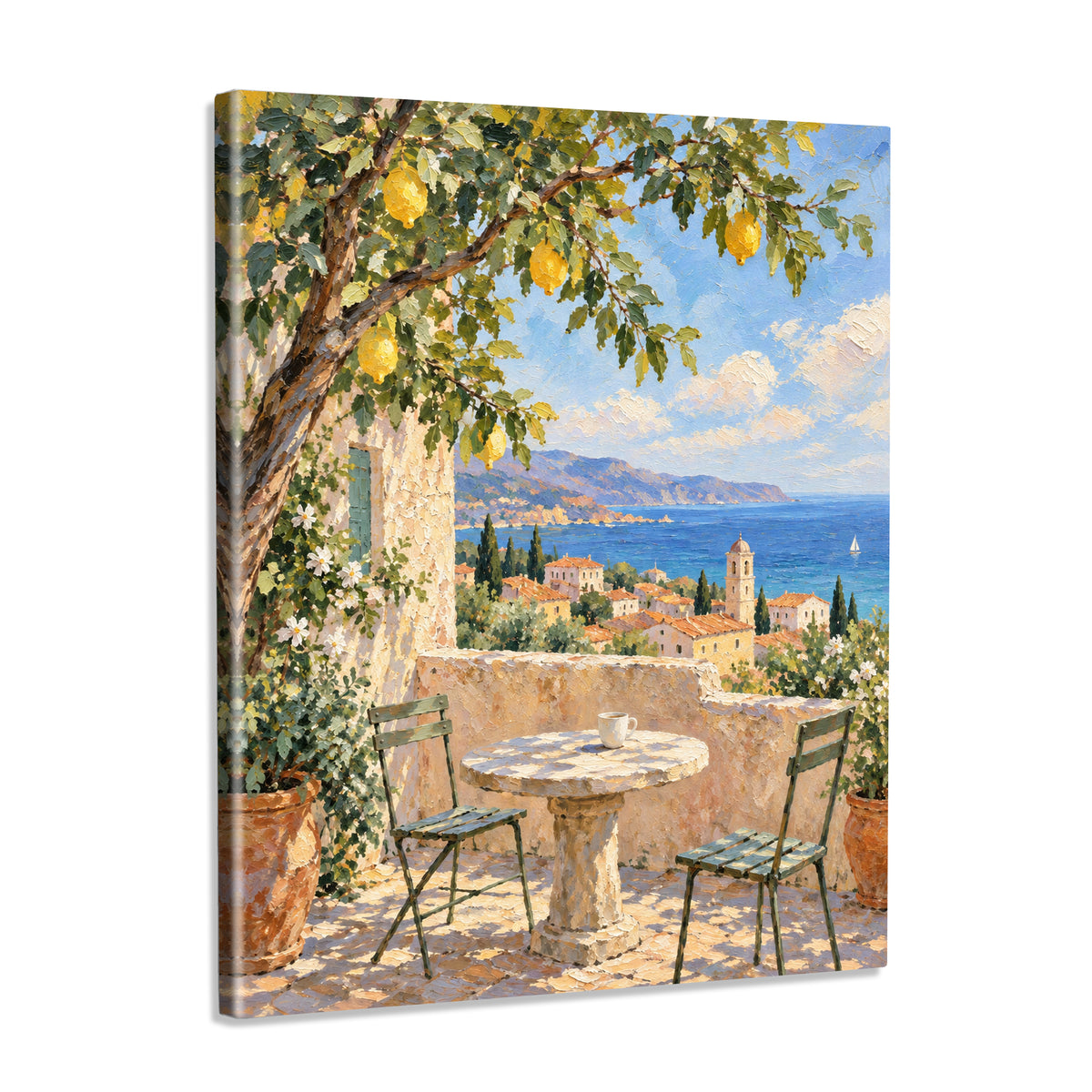 INVIN ART Framed Canvas 100% Handpainted Oil Painting Sea View Beneath the Lemon Tree Wall Art