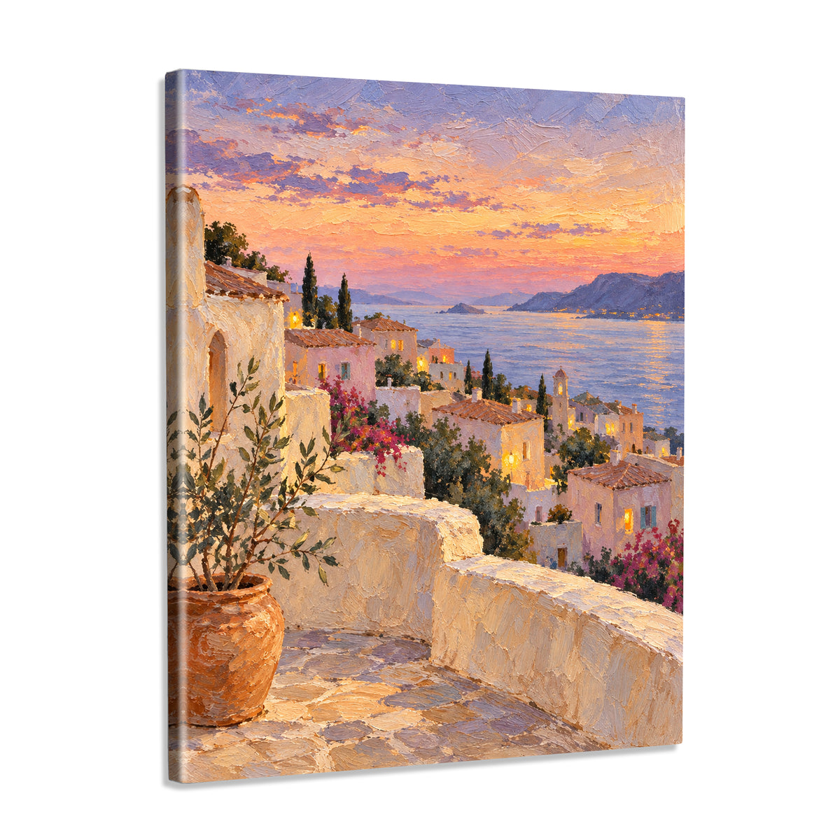 INVIN ART Framed Canvas 100% Handpainted Oil Painting Terraced Town at Sunset Wall Art