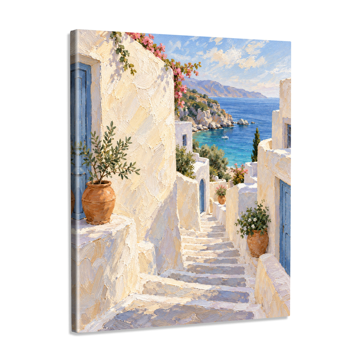 INVIN ART Framed Canvas 100% Handpainted Oil Painting White Steps to the Blue Sea Wall Art