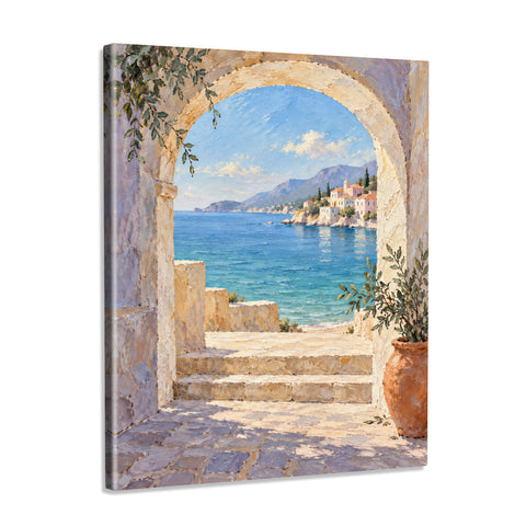 INVIN ART Framed Canvas 100% Handpainted Oil Painting Blue Sea Through the Stone Arch Wall Art