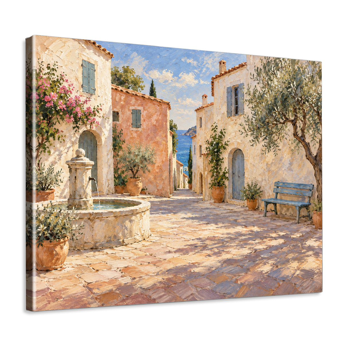 INVIN ART Framed Canvas 100% Handpainted Oil Painting Sunny Lane by the Fountain Wall Art