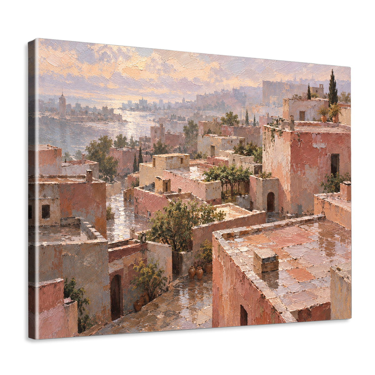 INVIN ART Framed Canvas 100% Handpainted Oil Painting Pink Rooftops Above the Sea Wall Art