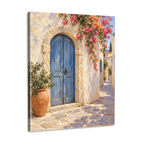 INVIN ART Framed Canvas 100% Handpainted Oil Painting Blue Door Beneath Blossoms Wall Art