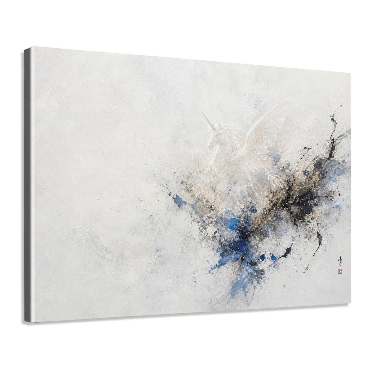 INVIN ART Framed Canvas 100% Handpainted Oil Painting Unicorn in Blue and Gold Mist Wall Art