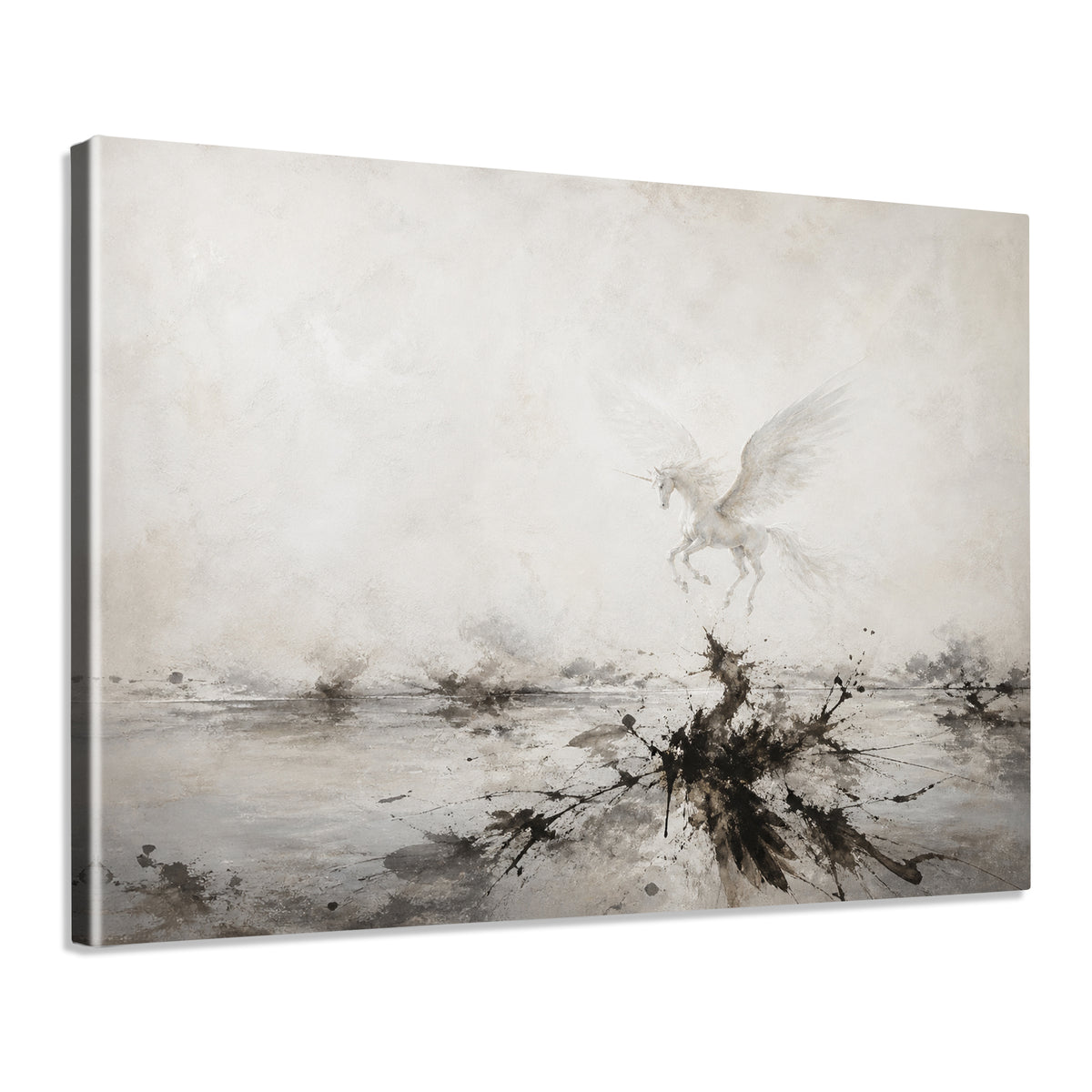 INVIN ART Framed Canvas 100% Handpainted Oil Painting Unicorn Above Misty Waters Wall Art
