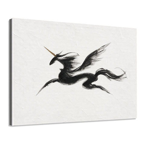 INVIN ART Framed Canvas 100% Handpainted Oil Painting Unicorn in Sweeping Black Lines Wall Art
