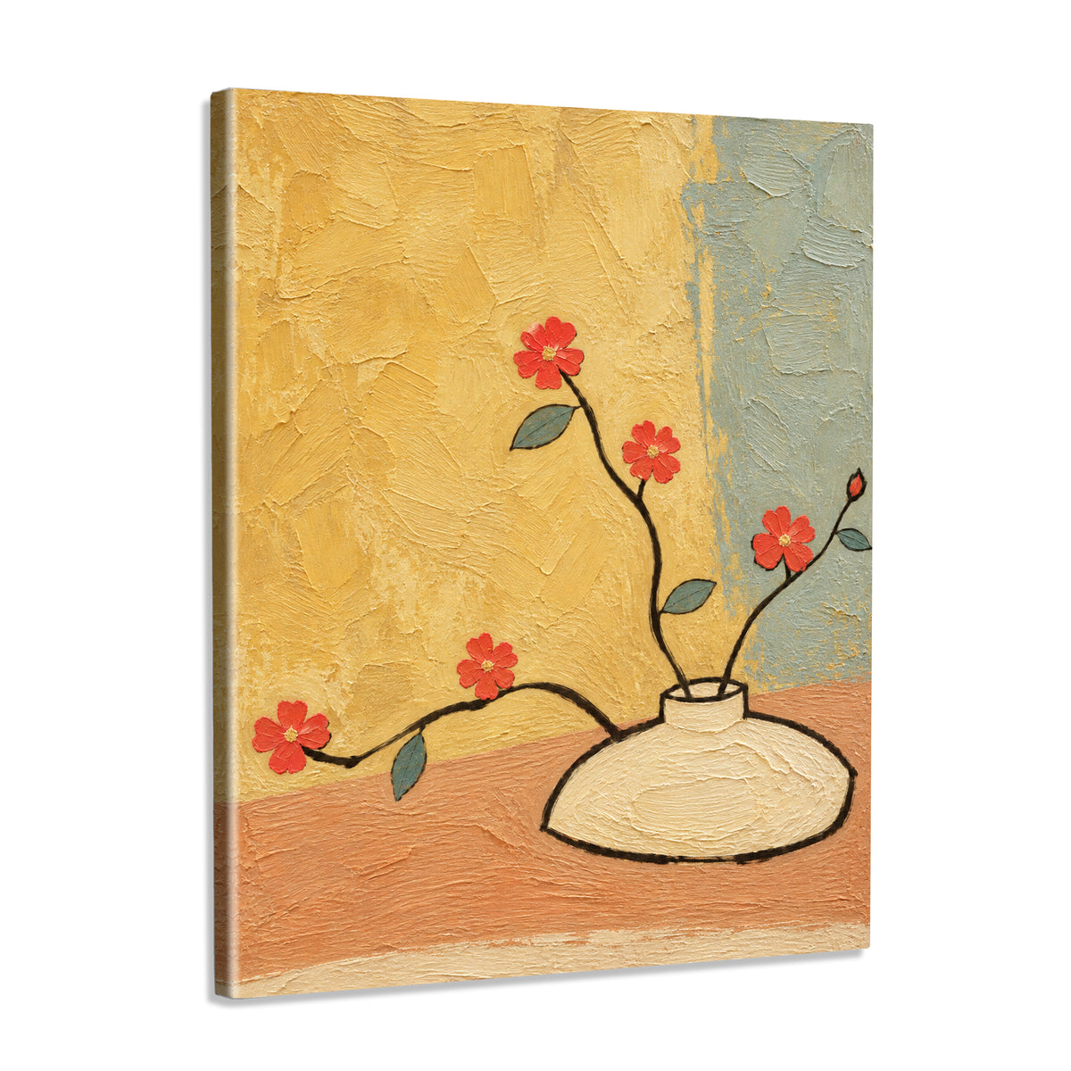 INVIN ART Framed Canvas 100% Handpainted Oil Painting Red Flowers Against Yellow Wall Art