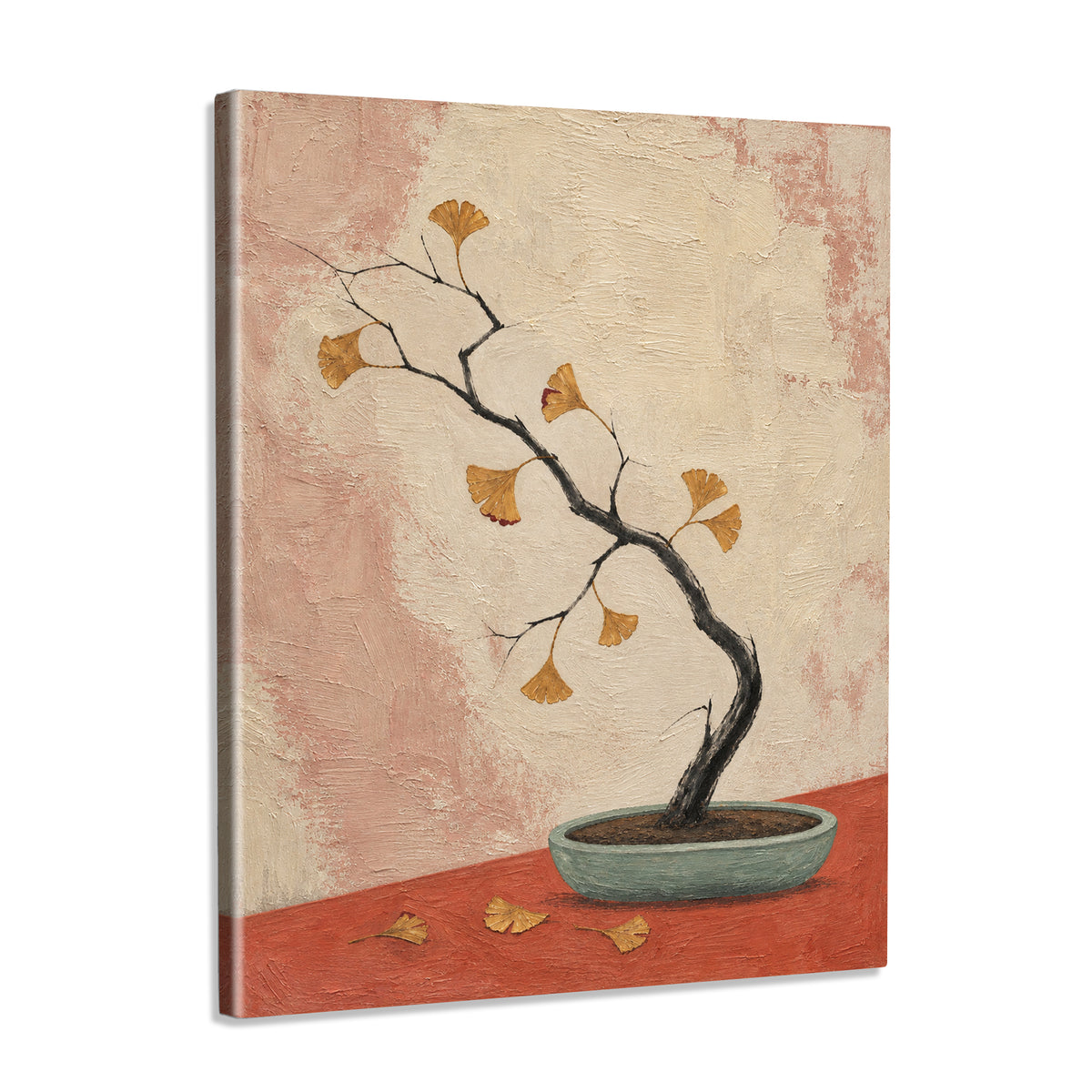 INVIN ART Framed Canvas 100% Handpainted Oil Painting Ginkgo Branch in a Shallow Pot Wall Art