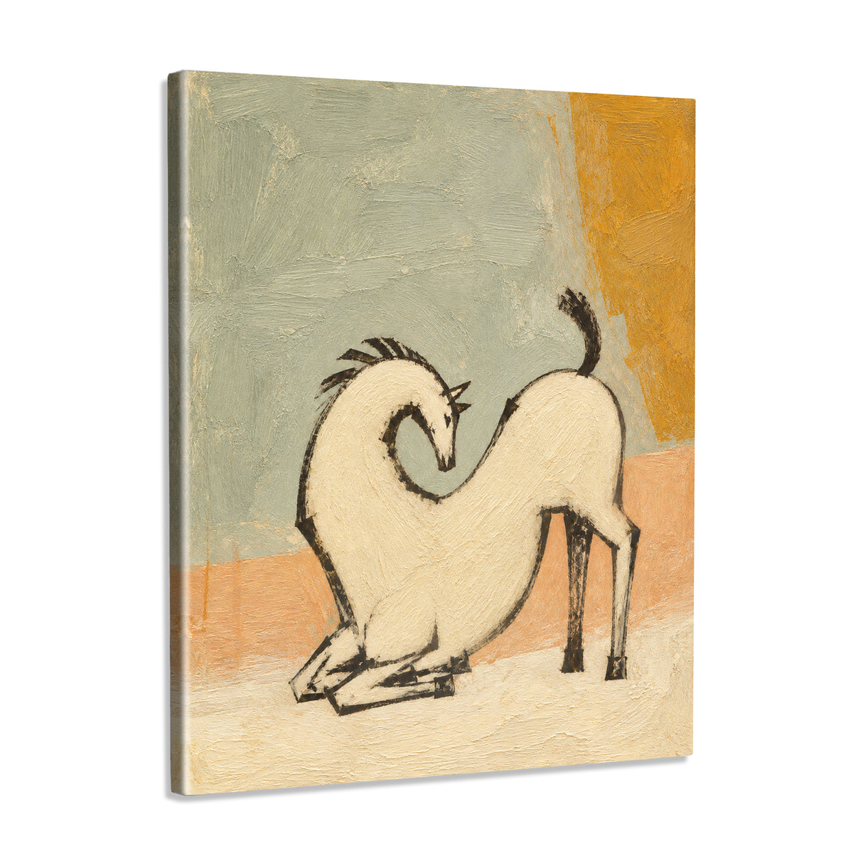 INVIN ART Framed Canvas 100% Handpainted Oil Painting White Horse with a Curved Neck Wall Art