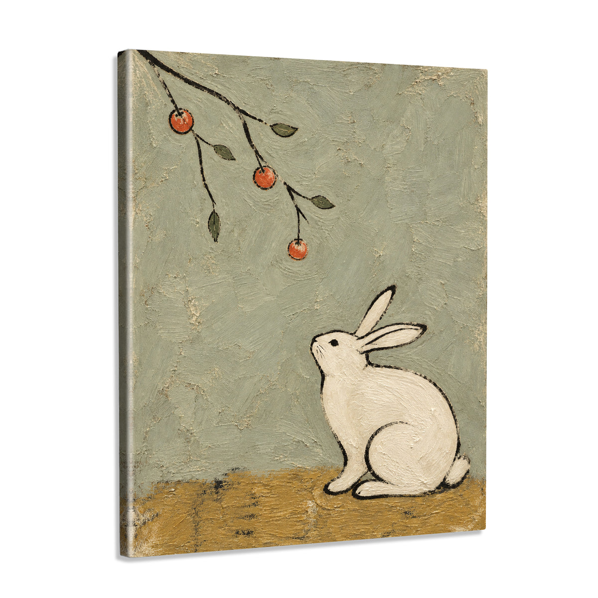INVIN ART Framed Canvas 100% Handpainted Oil Painting Rabbit Beneath the Fruit Branch Wall Art