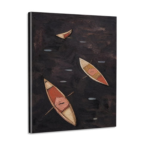 INVIN ART Framed Canvas 100% Handpainted Oil Painting Three Boats on Dark Water Wall Art