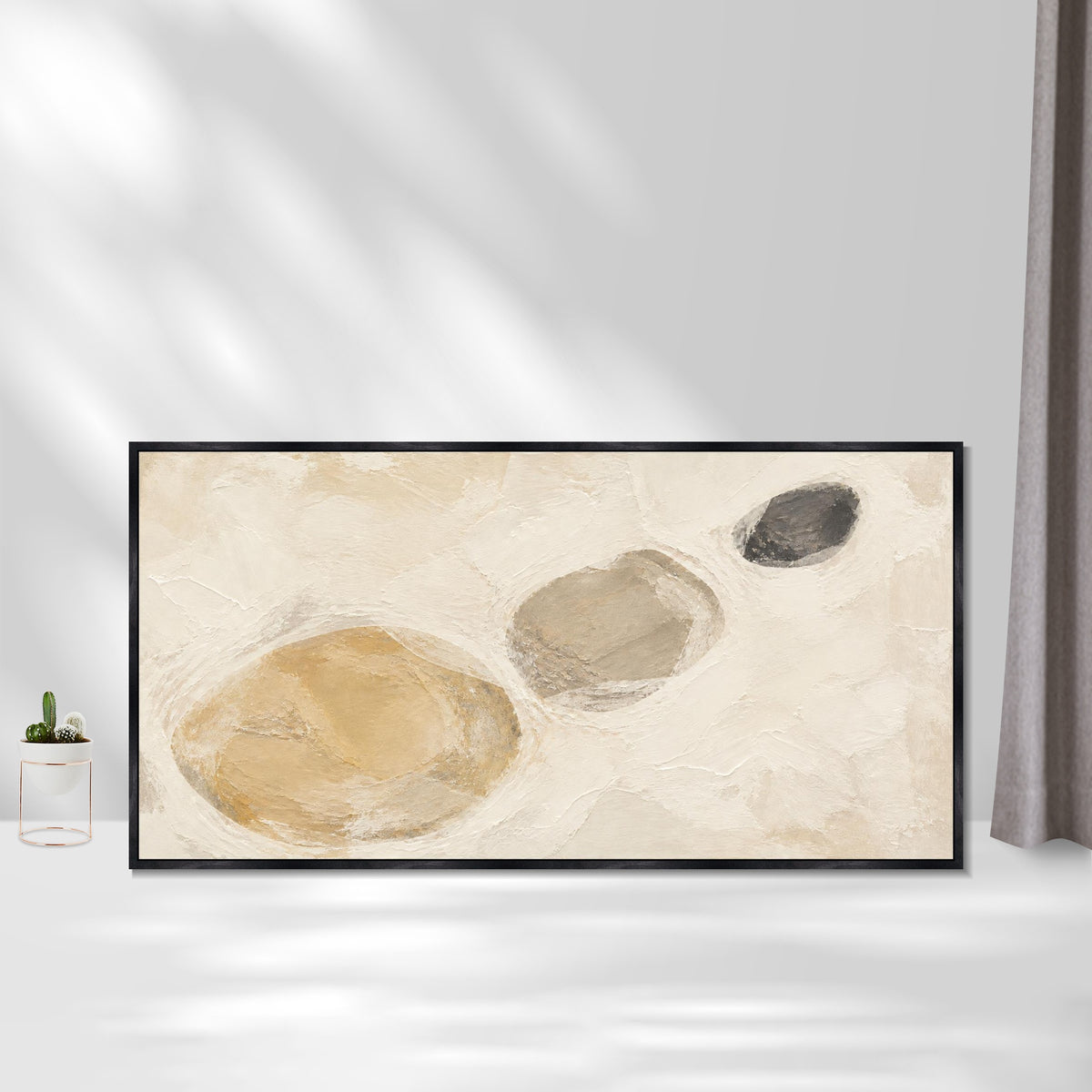 INVIN ART Framed Canvas 100% Handpainted Oil Painting Three Pebble Shapes Wall Art
