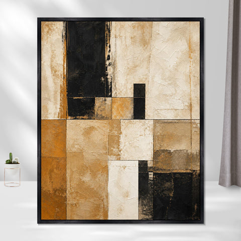 INVIN ART Framed Canvas 100% Handpainted Oil Painting Sand and Black Grid Wall Art