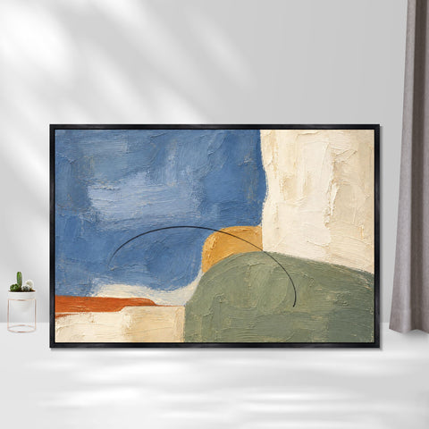 INVIN ART Framed Canvas 100% Handpainted Oil Painting Blue Field and Green Hill Wall Art