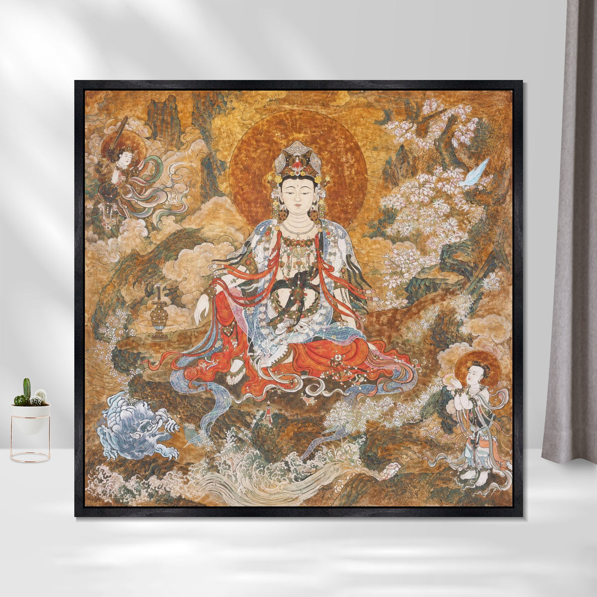 INVIN ART Framed Canvas 100% Handpainted Oil Painting Guanyin Among Blossoms Wall Art