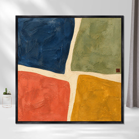 INVIN ART Framed Canvas 100% Handpainted Oil Painting Four Fields of Color Wall Art