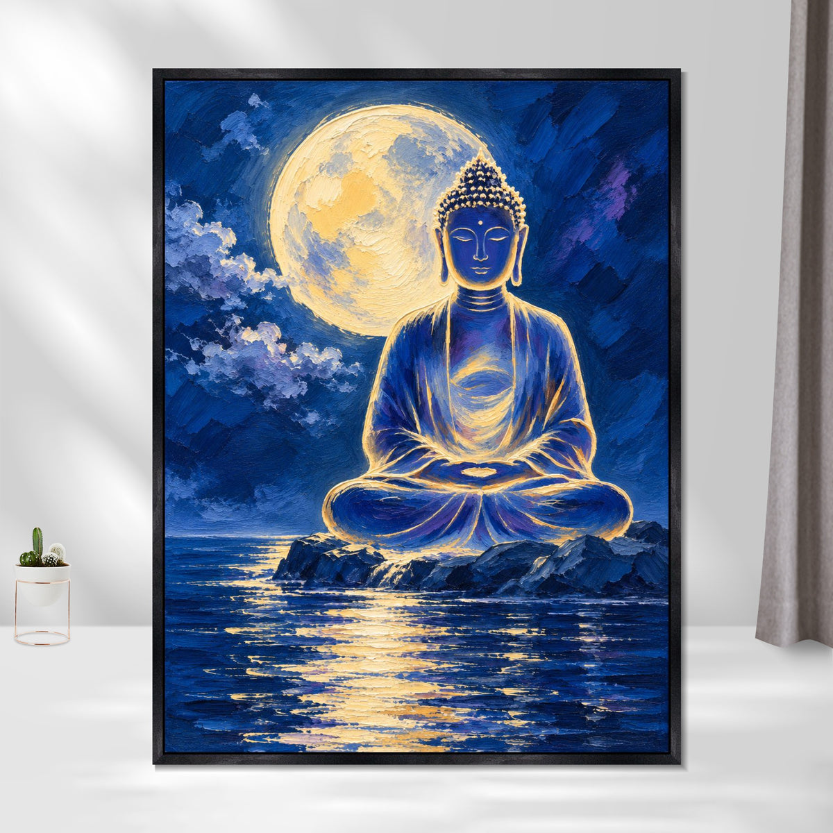 INVIN ART Framed Canvas 100% Handpainted Oil Painting Buddha Beneath the Full Moon Wall Art