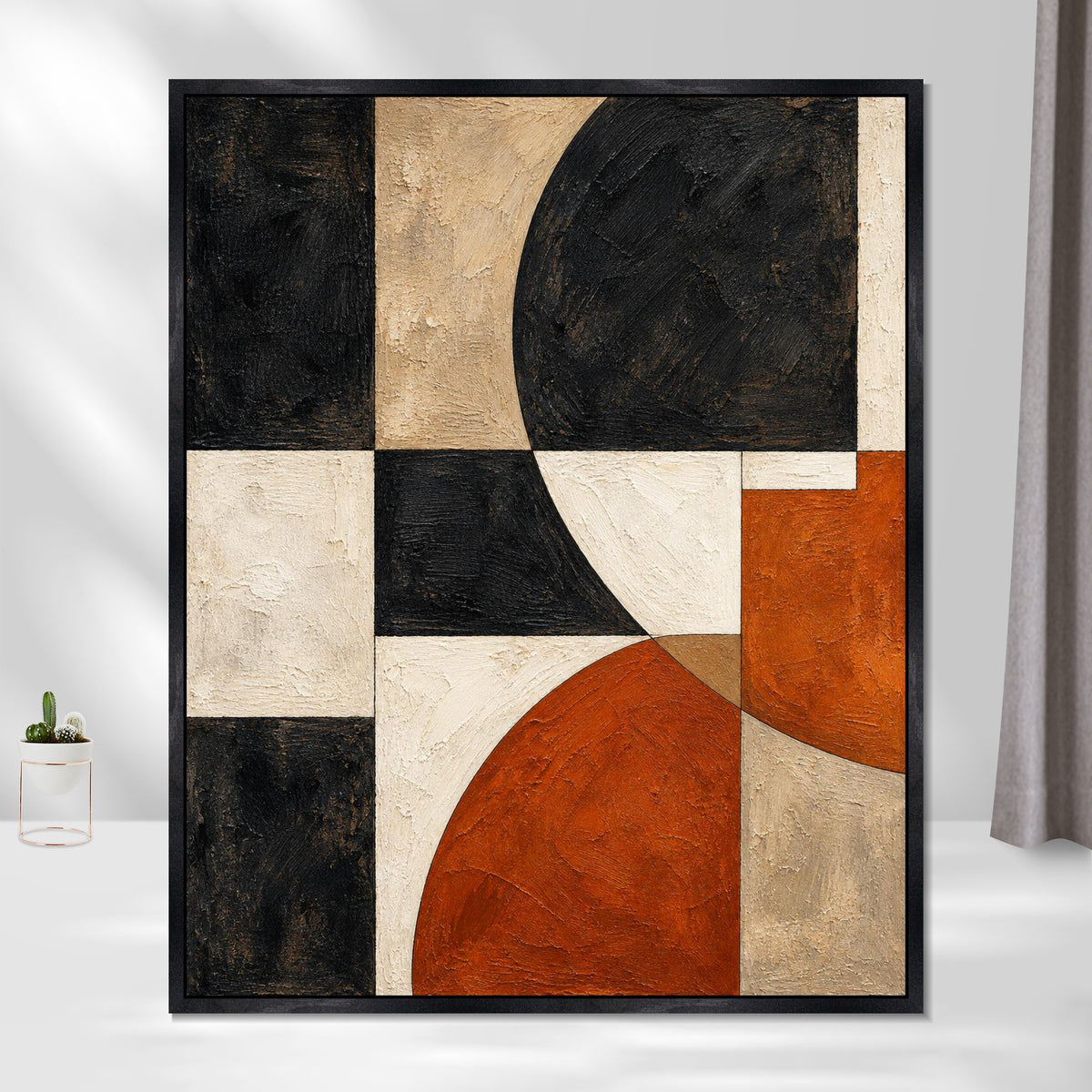 INVIN ART Framed Canvas 100% Handpainted Oil Painting Black and Rust Arc Grid Wall Art