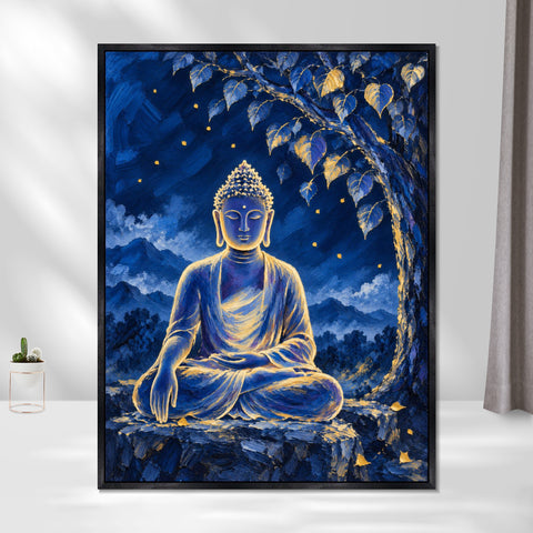 INVIN ART Framed Canvas 100% Handpainted Oil Painting Buddha Beneath the Night Tree Wall Art