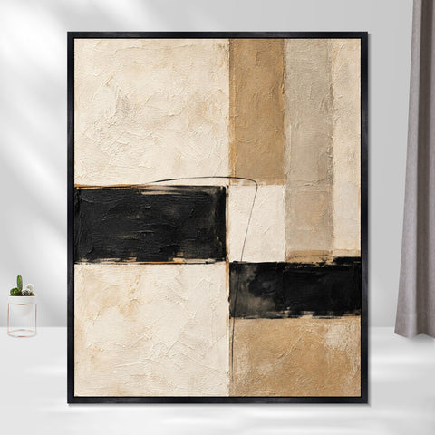 INVIN ART Framed Canvas 100% Handpainted Oil Painting Black Bands and Sand Columns Wall Art