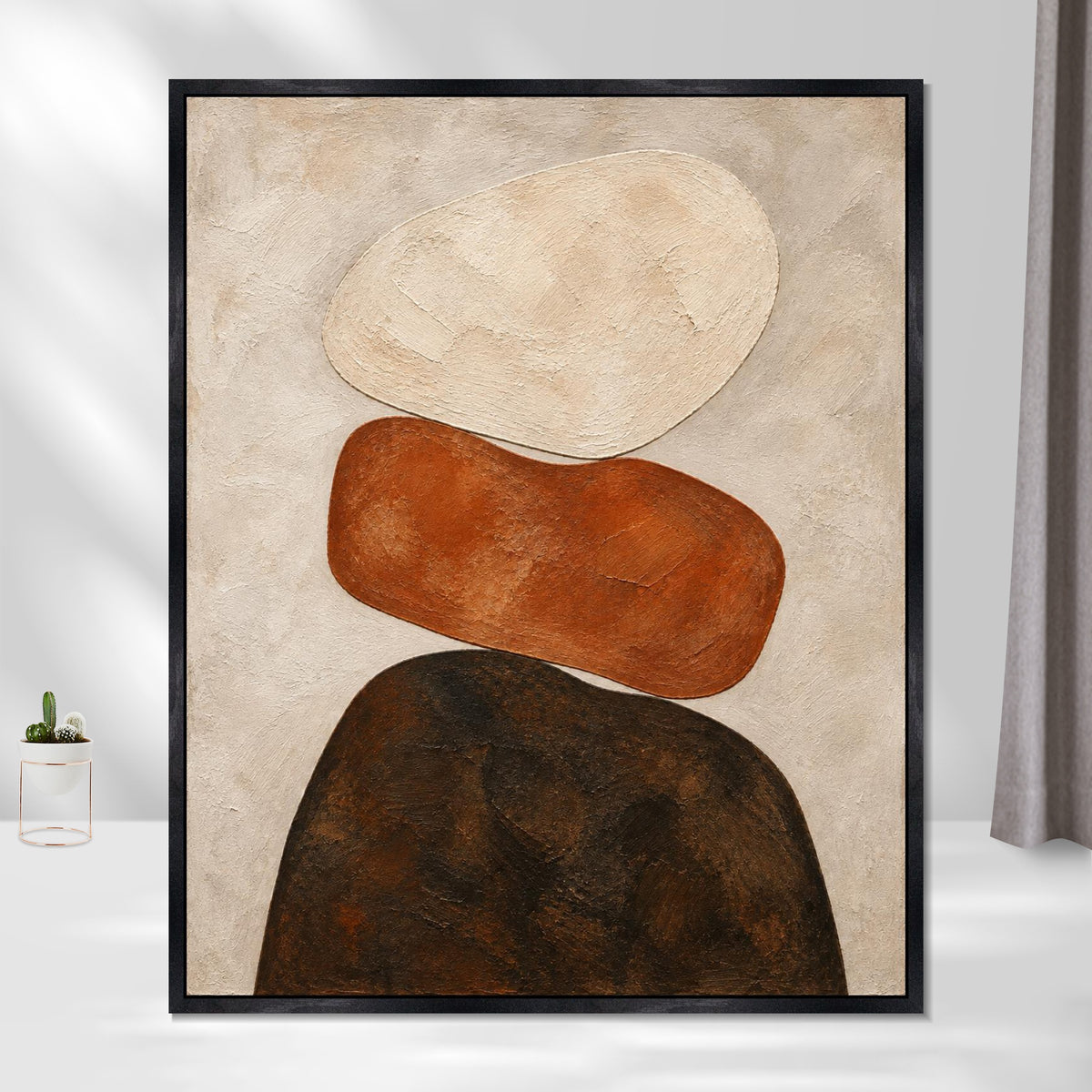 INVIN ART Framed Canvas 100% Handpainted Oil Painting Stacked Stone Shapes Wall Art
