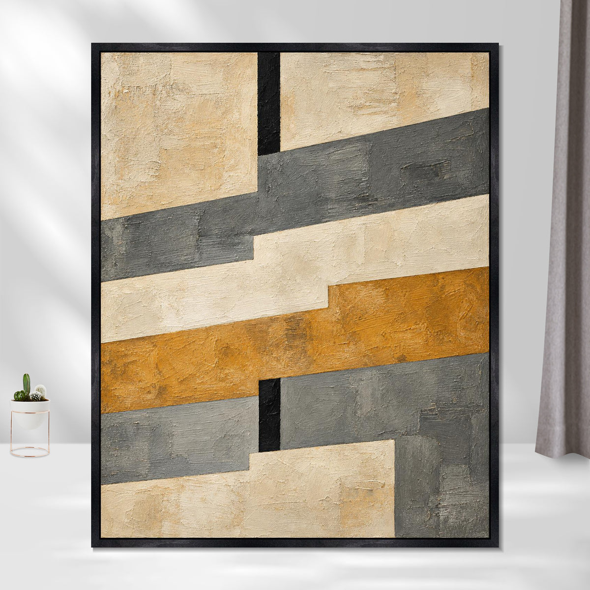 INVIN ART Framed Canvas 100% Handpainted Oil Painting Gray and Ochre Crossings Wall Art