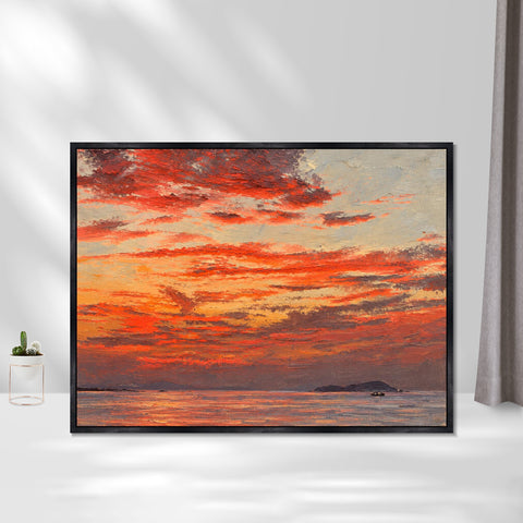 INVIN ART Framed Canvas 100% Handpainted Oil Painting Crimson Evening Over the Sea Wall Art