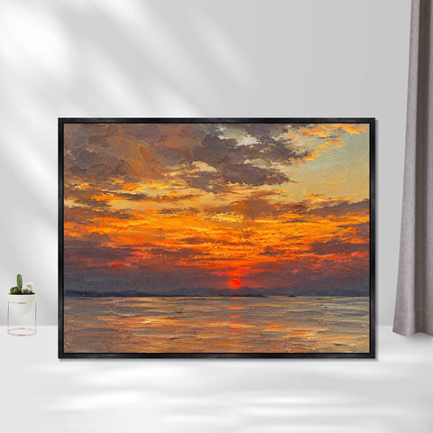 INVIN ART Framed Canvas 100% Handpainted Oil Painting Golden Sunset Reflections Wall Art