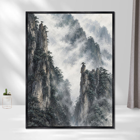 INVIN ART Framed Canvas 100% Handpainted Oil Painting Clouds Around Stone Peaks Wall Art