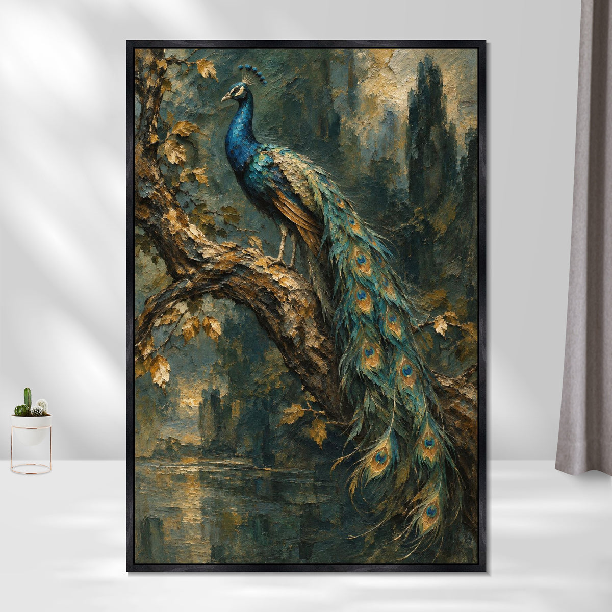 INVIN ART Framed Canvas 100% Handpainted Oil Painting Peacock on a Woodland Branch Wall Art