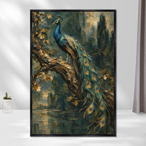 INVIN ART Framed Canvas 100% Handpainted Oil Painting Peacock on a Woodland Branch Wall Art
