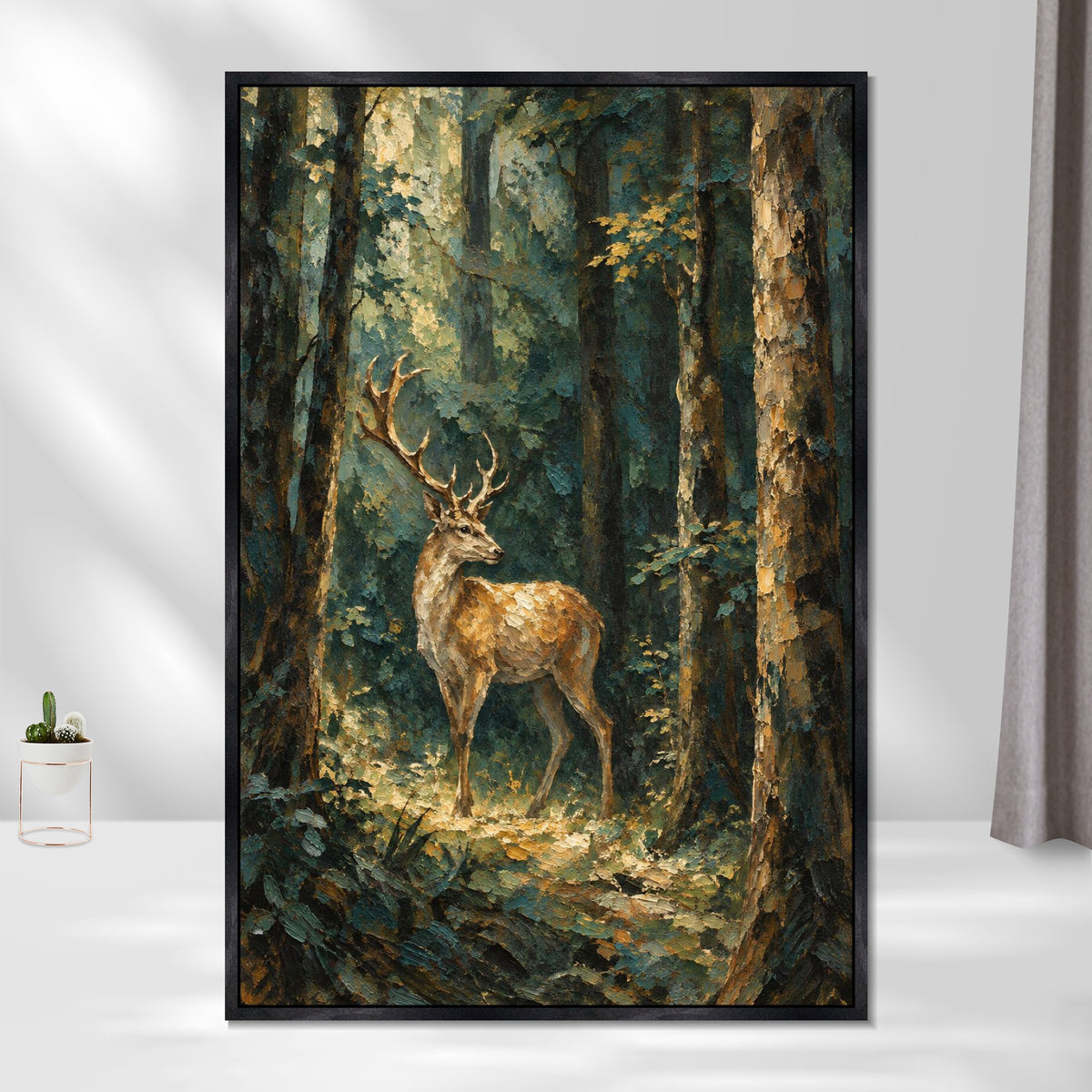 INVIN ART Framed Canvas 100% Handpainted Oil Painting Stag in the Forest Light Wall Art