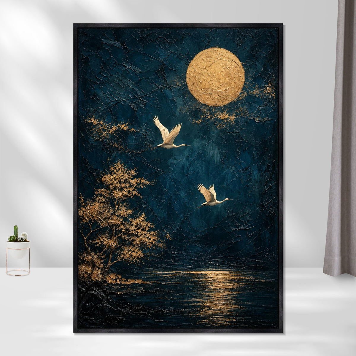 INVIN ART Framed Canvas 100% Handpainted Oil Painting Two Birds Beneath a Golden Moon Wall Art