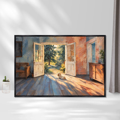 INVIN ART Framed Canvas 100% Handpainted Oil Painting Little Dog in the Doorway Light Wall Art