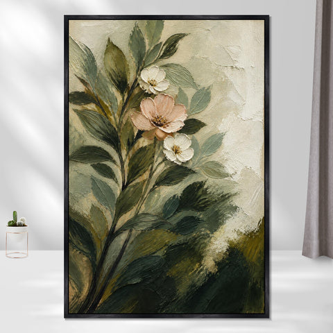 INVIN ART Framed Canvas 100% Handpainted Oil Painting Pale Blossoms Among Leaves Wall Art