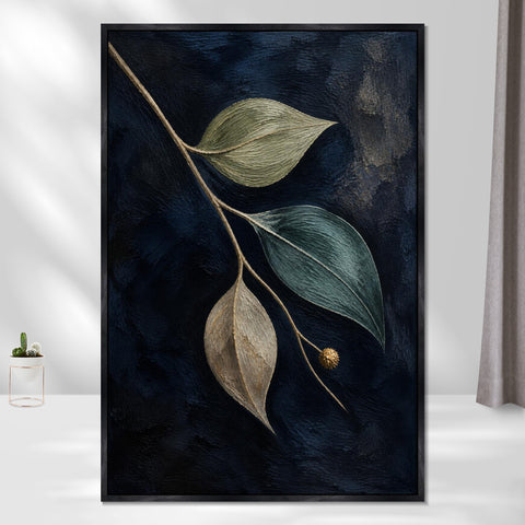 INVIN ART Framed Canvas 100% Handpainted Oil Painting Leaves Against Midnight Blue Wall Art