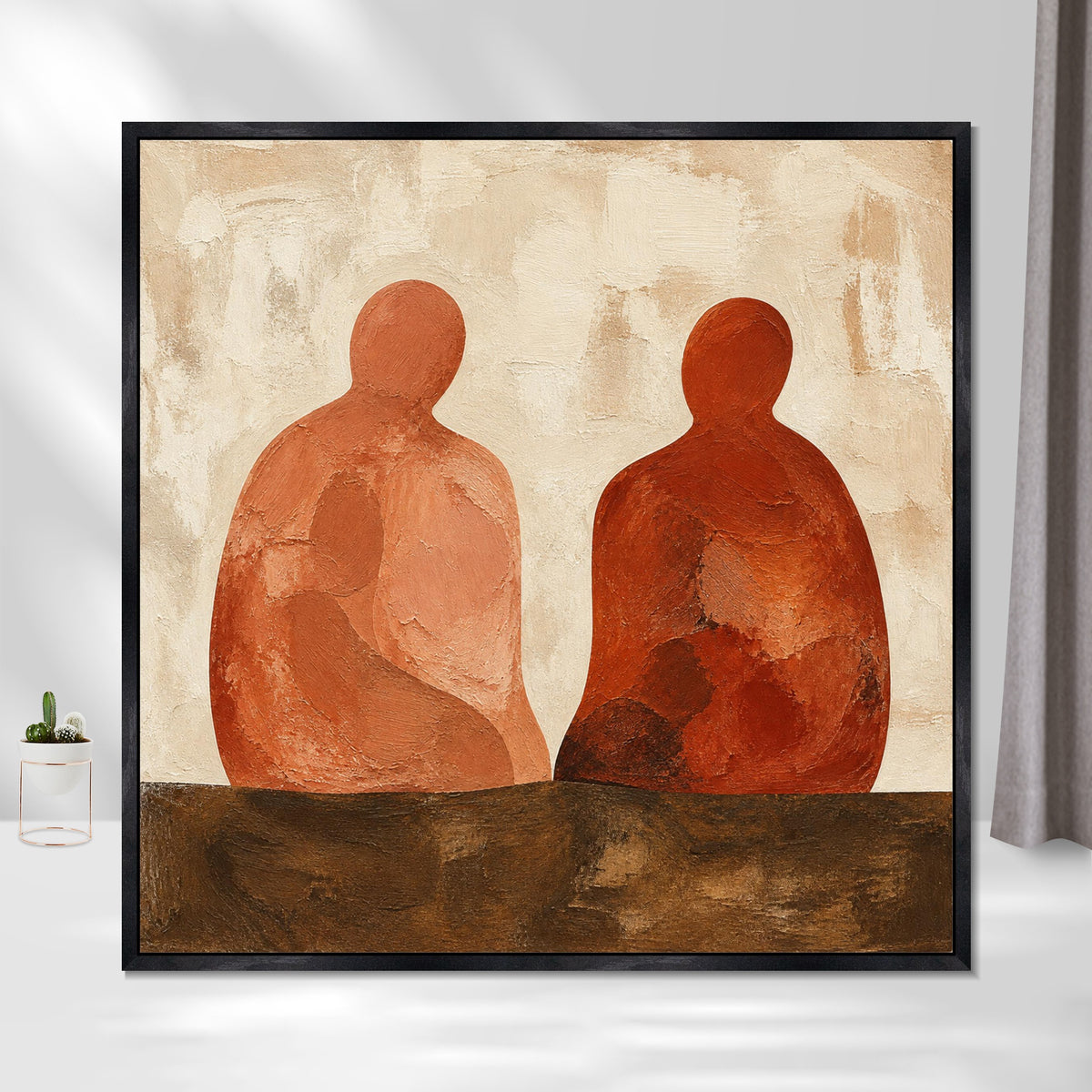 INVIN ART Framed Canvas 100% Handpainted Oil Painting Companions in Terracotta Wall Art