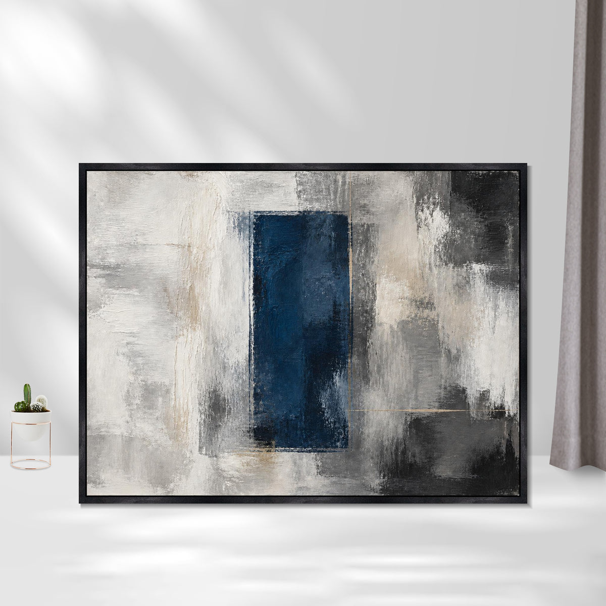 INVIN ART Framed Canvas 100% Handpainted Oil Painting Deep Blue Panel Wall Art