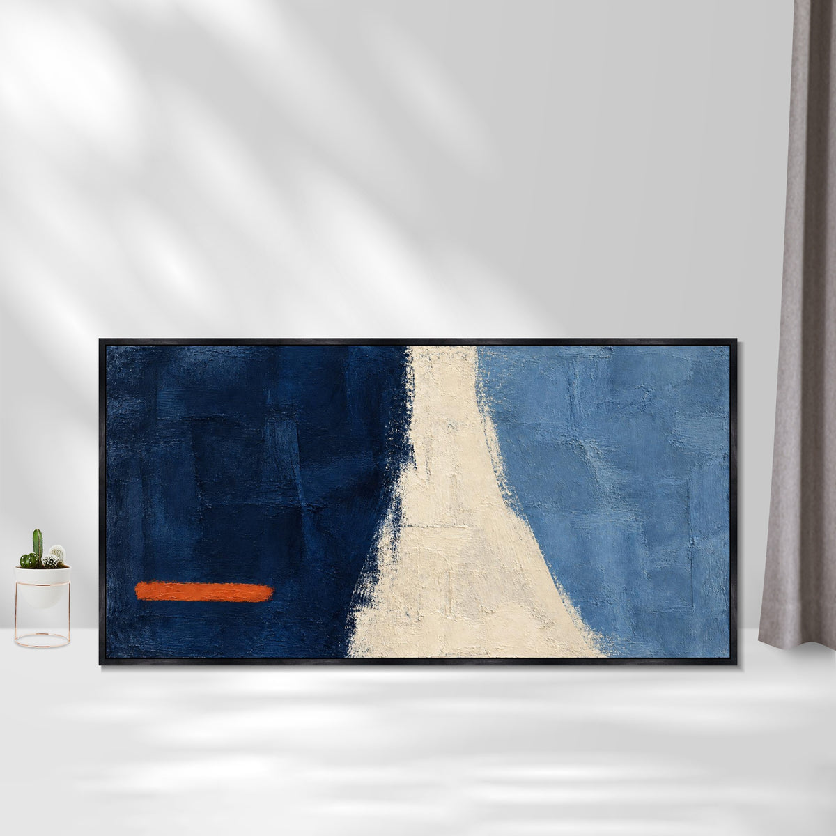 INVIN ART Framed Canvas 100% Handpainted Oil Painting Orange Line Across Blue Wall Art