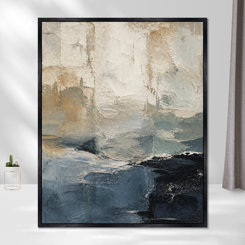 INVIN ART Framed Canvas 100% Handpainted Oil Painting Blue Gray Layered Shore Wall Art