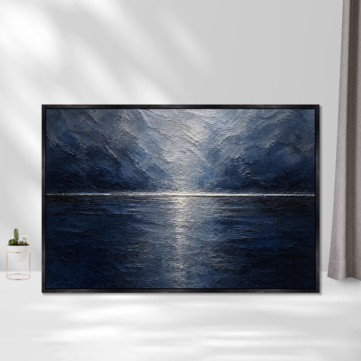 INVIN ART Framed Canvas 100% Handpainted Oil Painting Deep Blue Moonlit Lake Wall Art