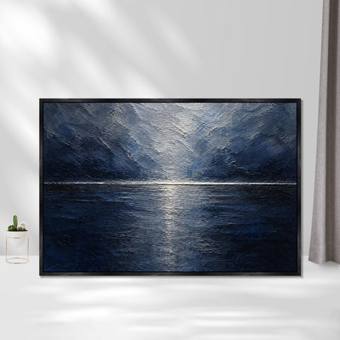 INVIN ART Framed Canvas 100% Handpainted Oil Painting Deep Blue Moonlit Lake Wall Art
