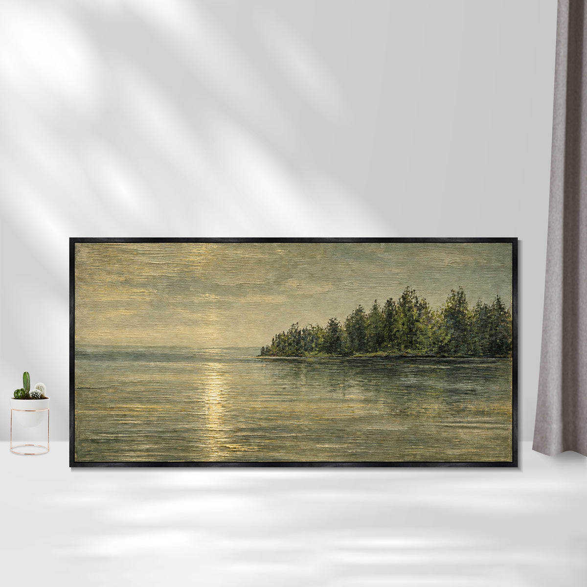 INVIN ART Framed Canvas 100% Handpainted Oil Painting Golden Light by the Forest Shore Wall Art