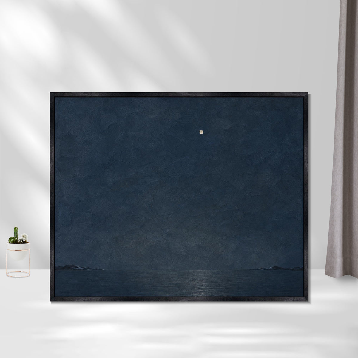 INVIN ART Framed Canvas 100% Handpainted Oil Painting One Light Above the Night Sea Wall Art