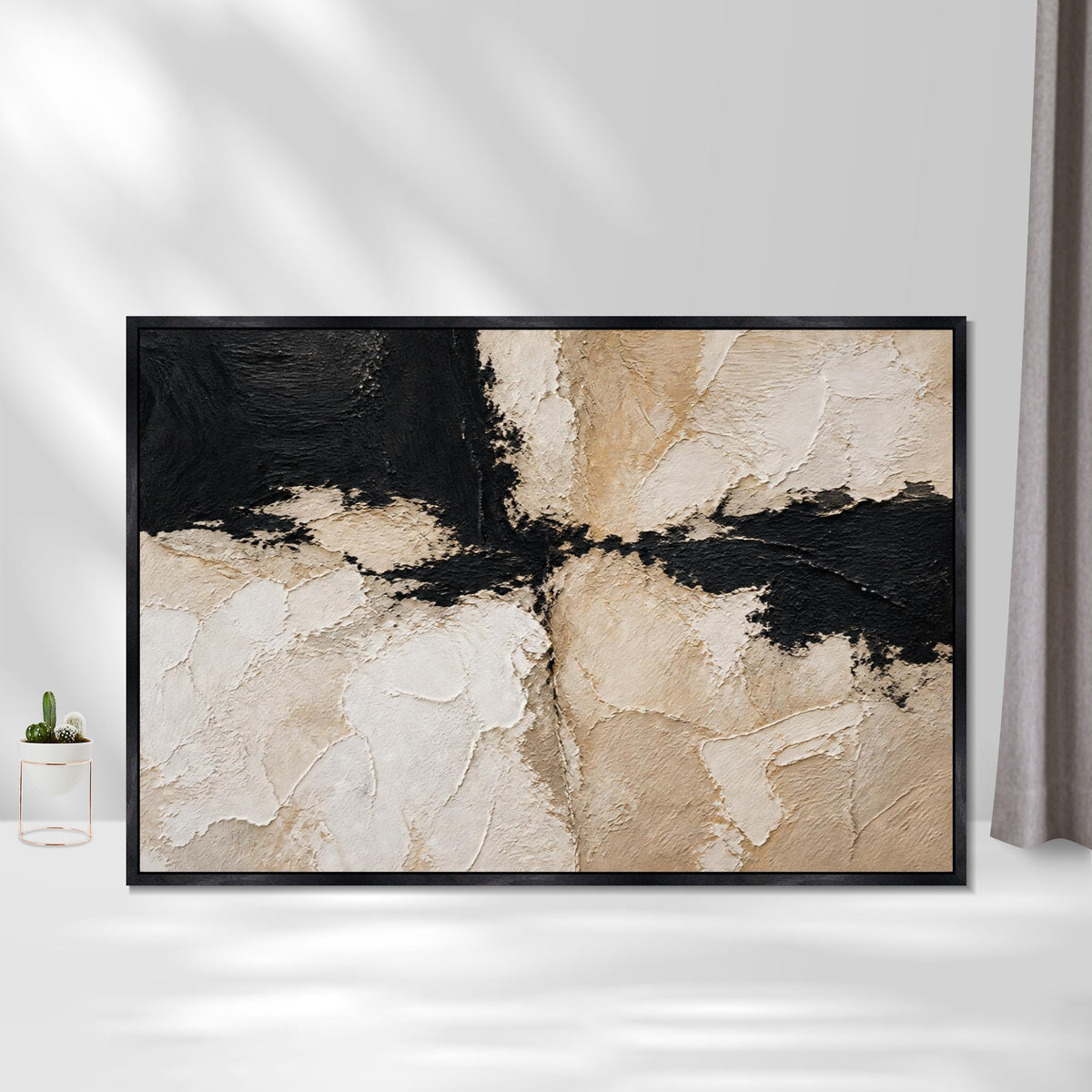 INVIN ART Framed Canvas 100% Handpainted Oil Painting Black and White Divide Wall Art