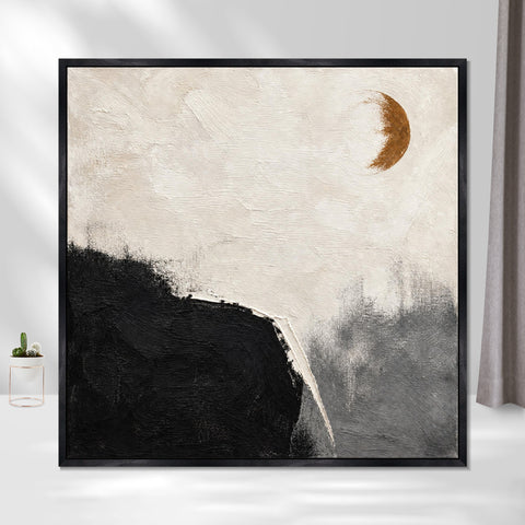 INVIN ART Framed Canvas 100% Handpainted Oil Painting Ochre Moon and Dark Shore Wall Art